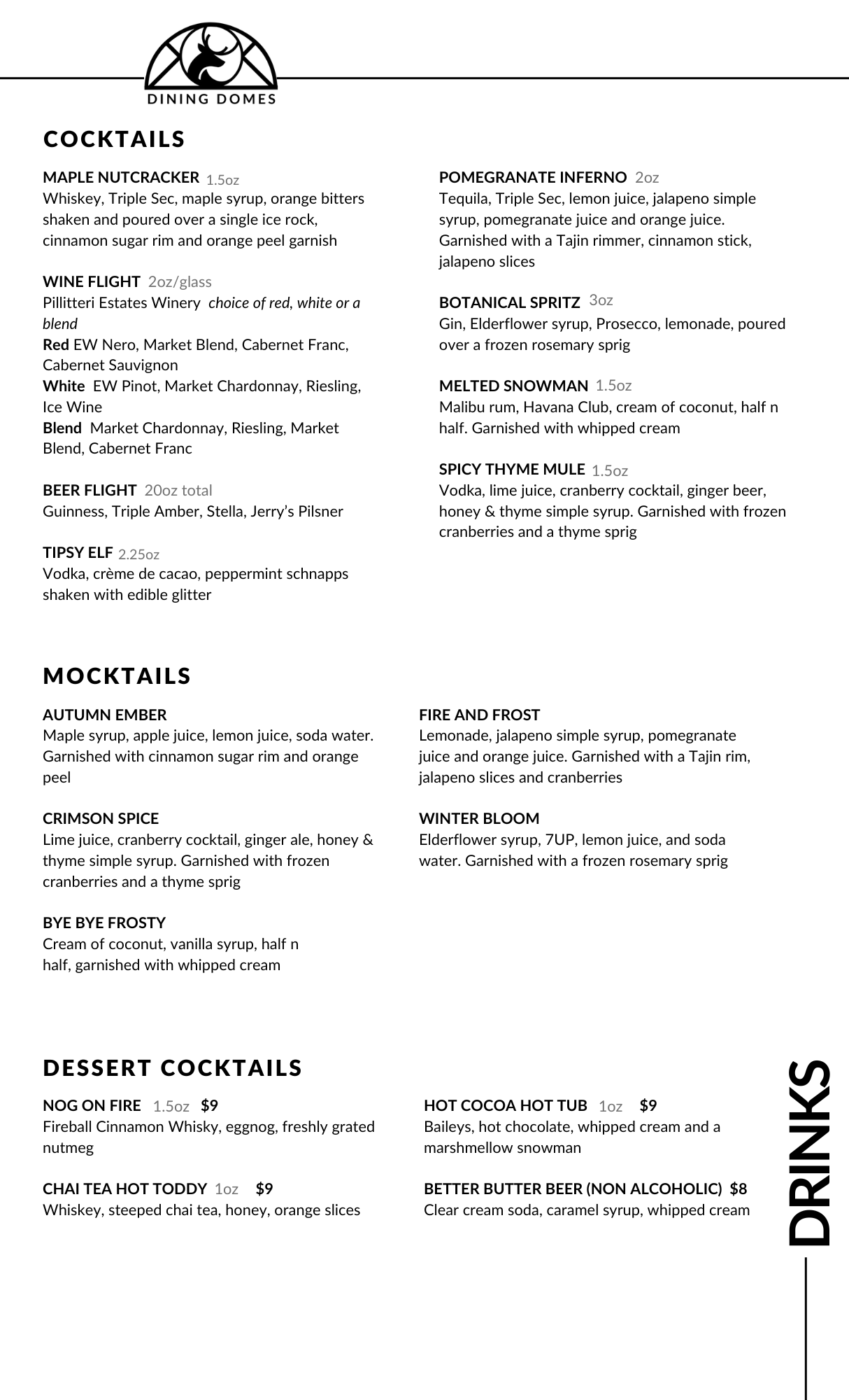 2025 dining dome drinks menu